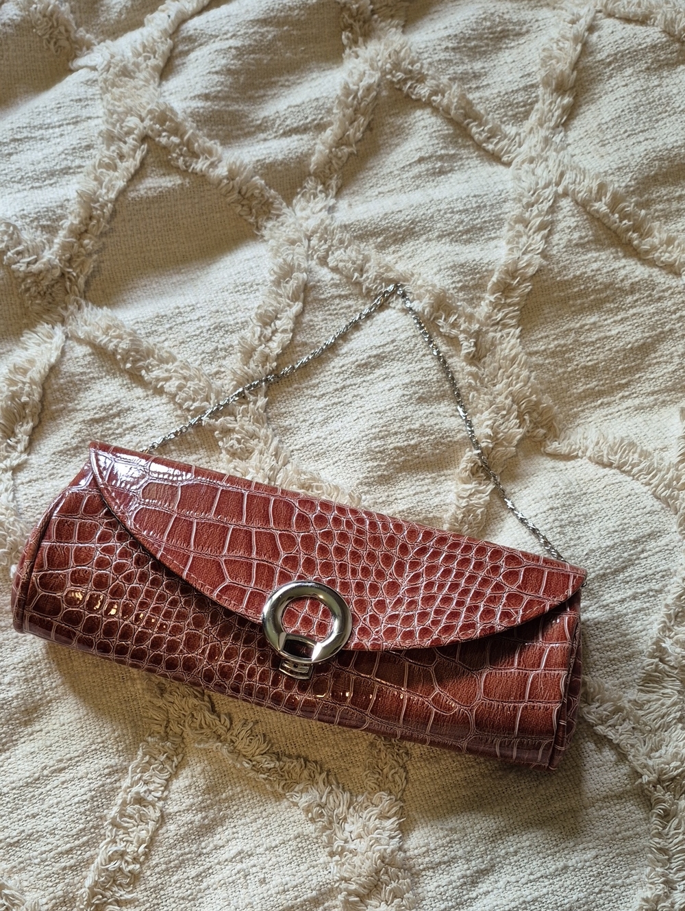 Croc-Embossed Rust Brown Chain Clutch